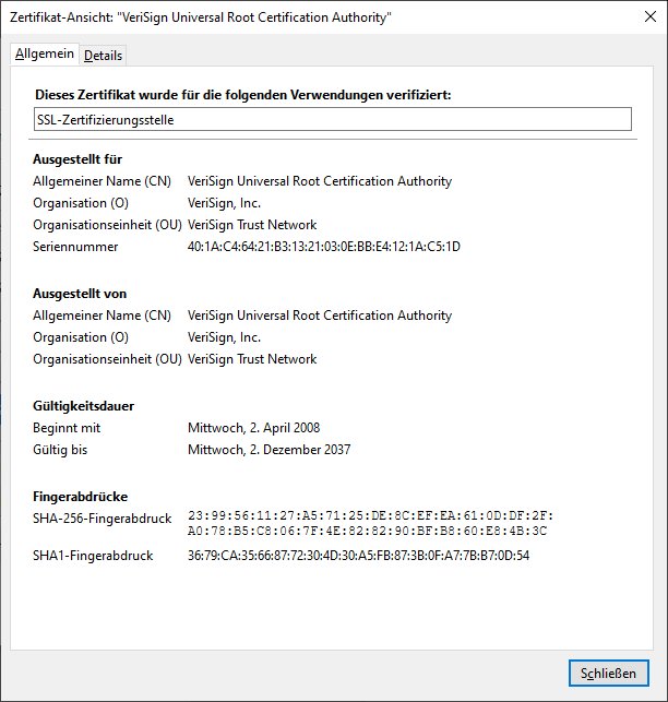 Selbstsigniertes Root-Zertifikat von Verisign im Firefox