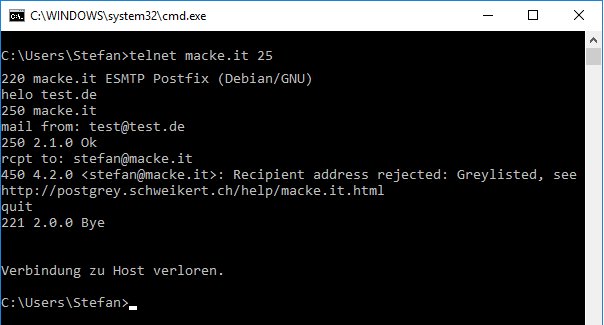 Beispiel für SMTP über die Kommandozeile mit telnet unter Windows